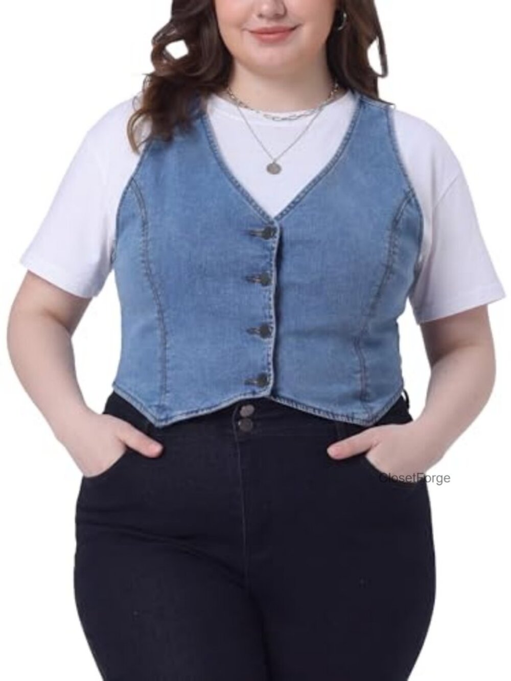 Plus Size Stretch Denim Vest Sleeveless V-Neck Button Down Casual Jean Waistcoat